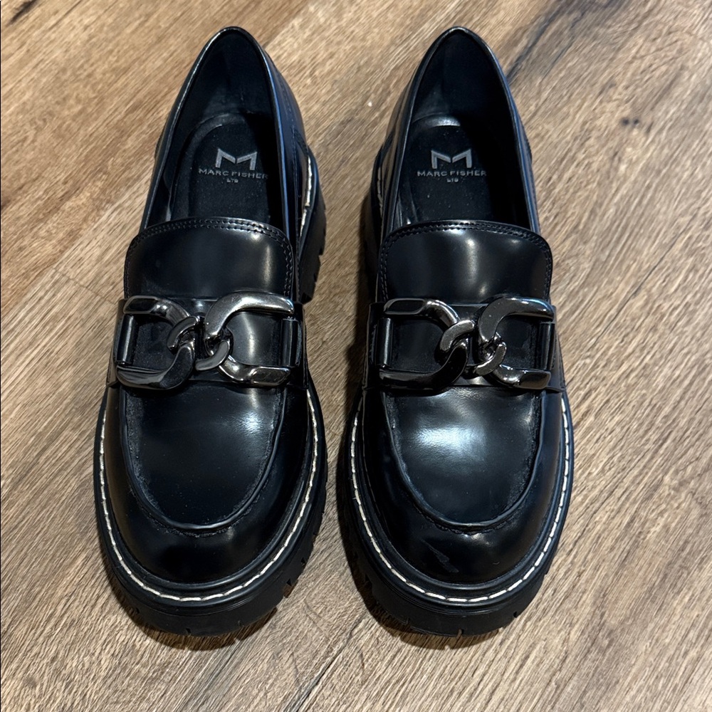 Marc Fisher Glossy Black Loafers with Chain Detail